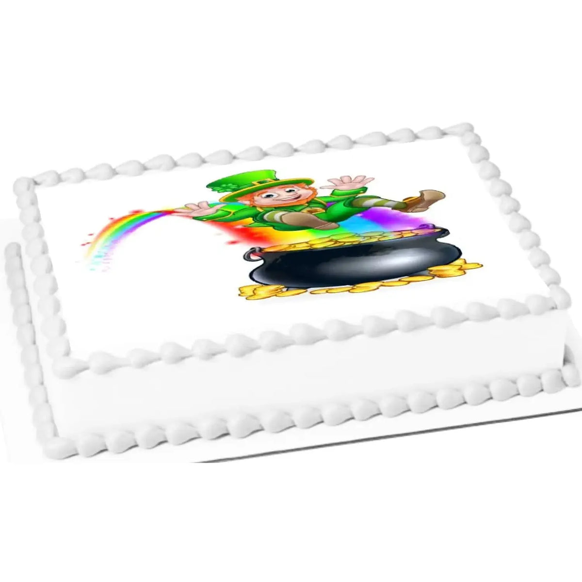 St. Patrick's Day edible icing cake topper with leprechaun and pot of gold, on a white sheet cake.