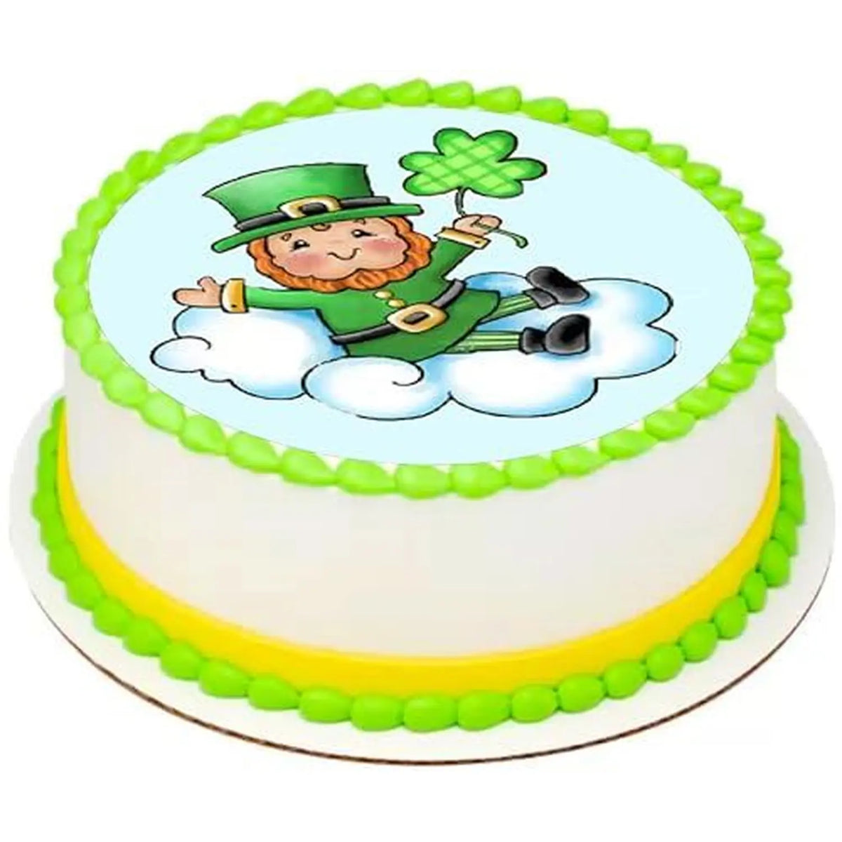 St. Patrick's Day edible icing cake topper with leprechaun sitting on a cloud, on a cake with green frosting.