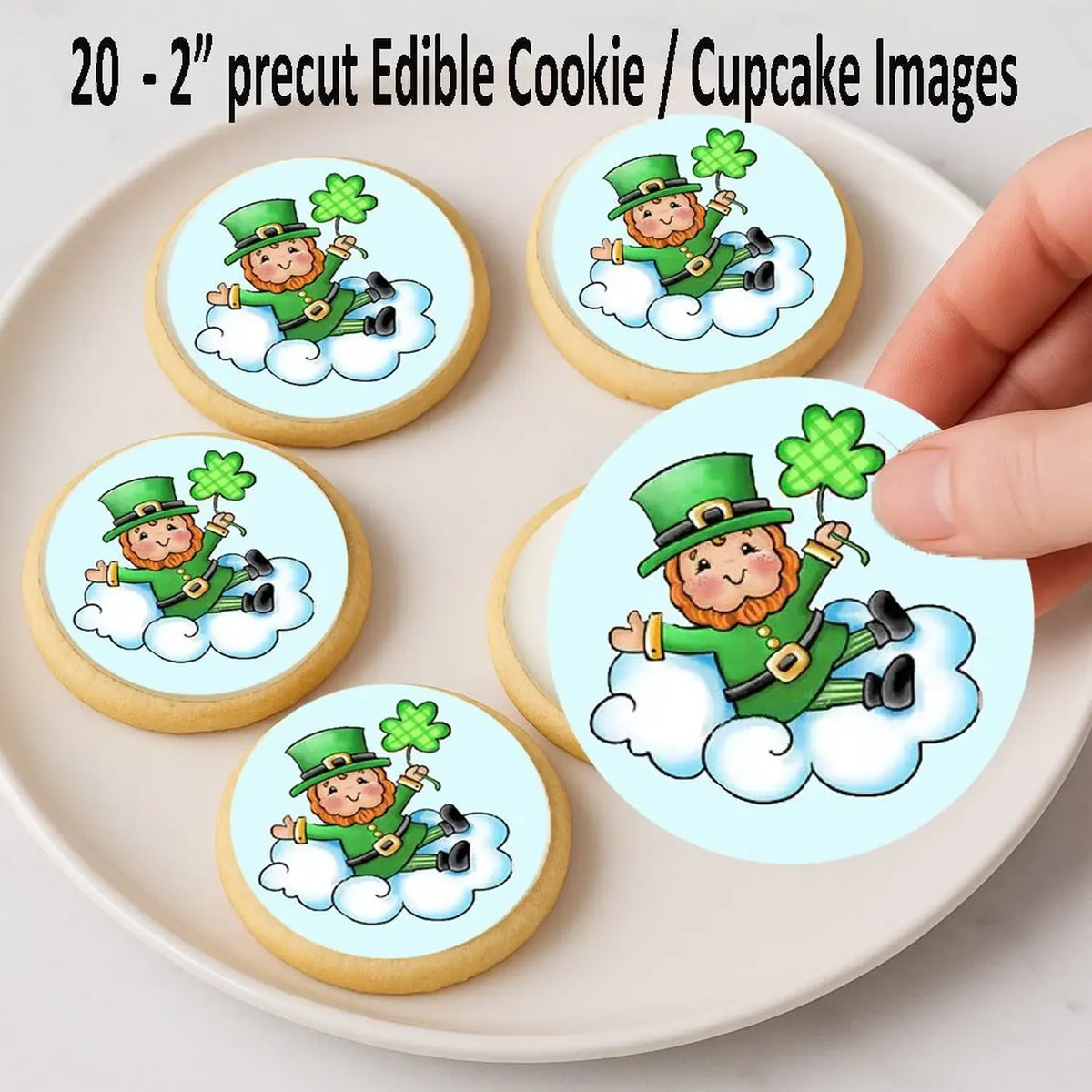 St. Patrick's Day edible icing cookie and cupcake toppers with lucky leprechaun, on cookies.