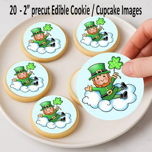 St. Patrick's Day edible icing cookie and cupcake toppers with lucky leprechaun, on cookies.