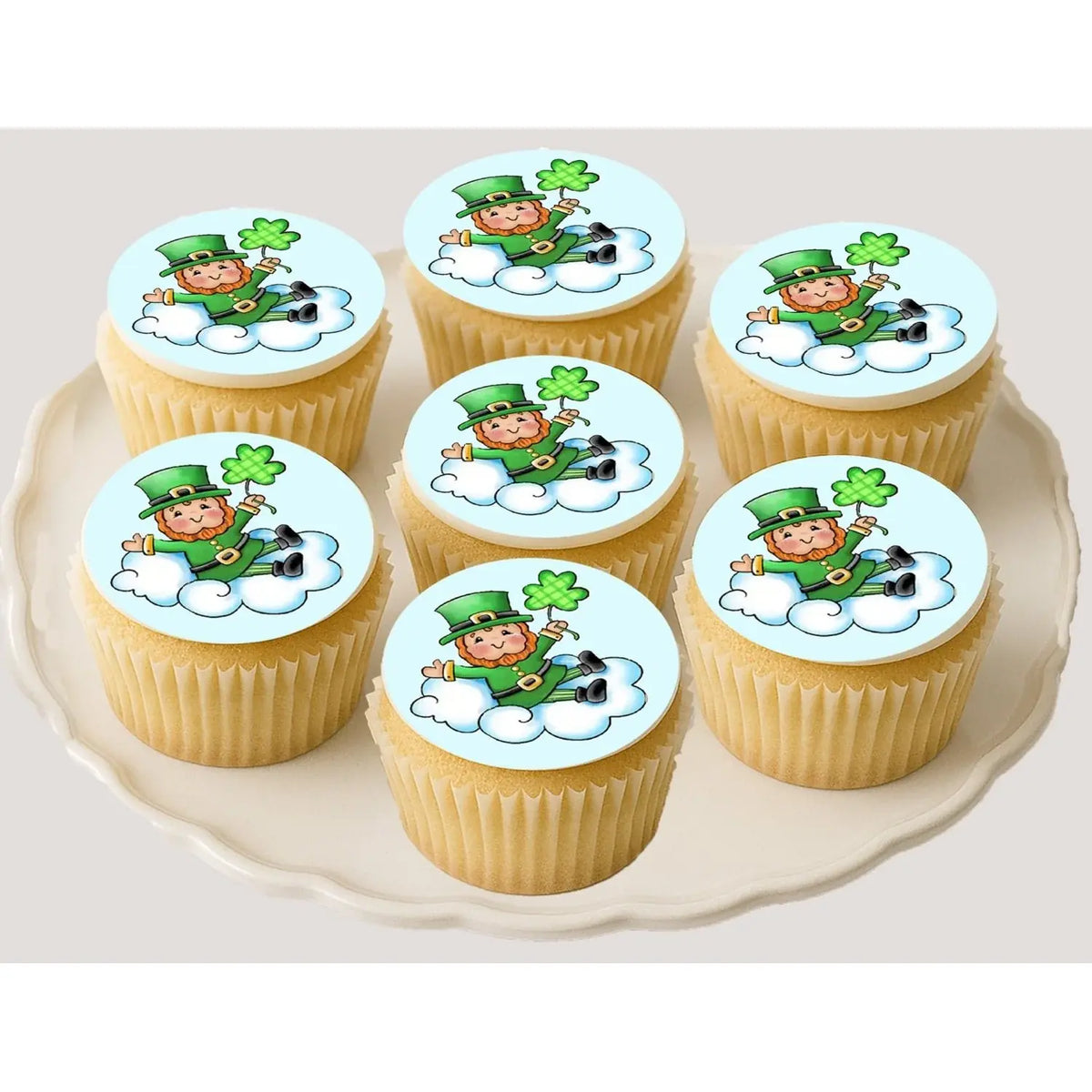 St. Patrick's Day edible icing cookie and cupcake toppers with lucky leprechaun, on cupcakes.