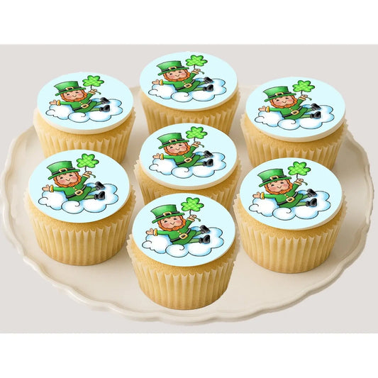 St. Patrick's Day edible icing cookie and cupcake toppers with lucky leprechaun, on cupcakes.