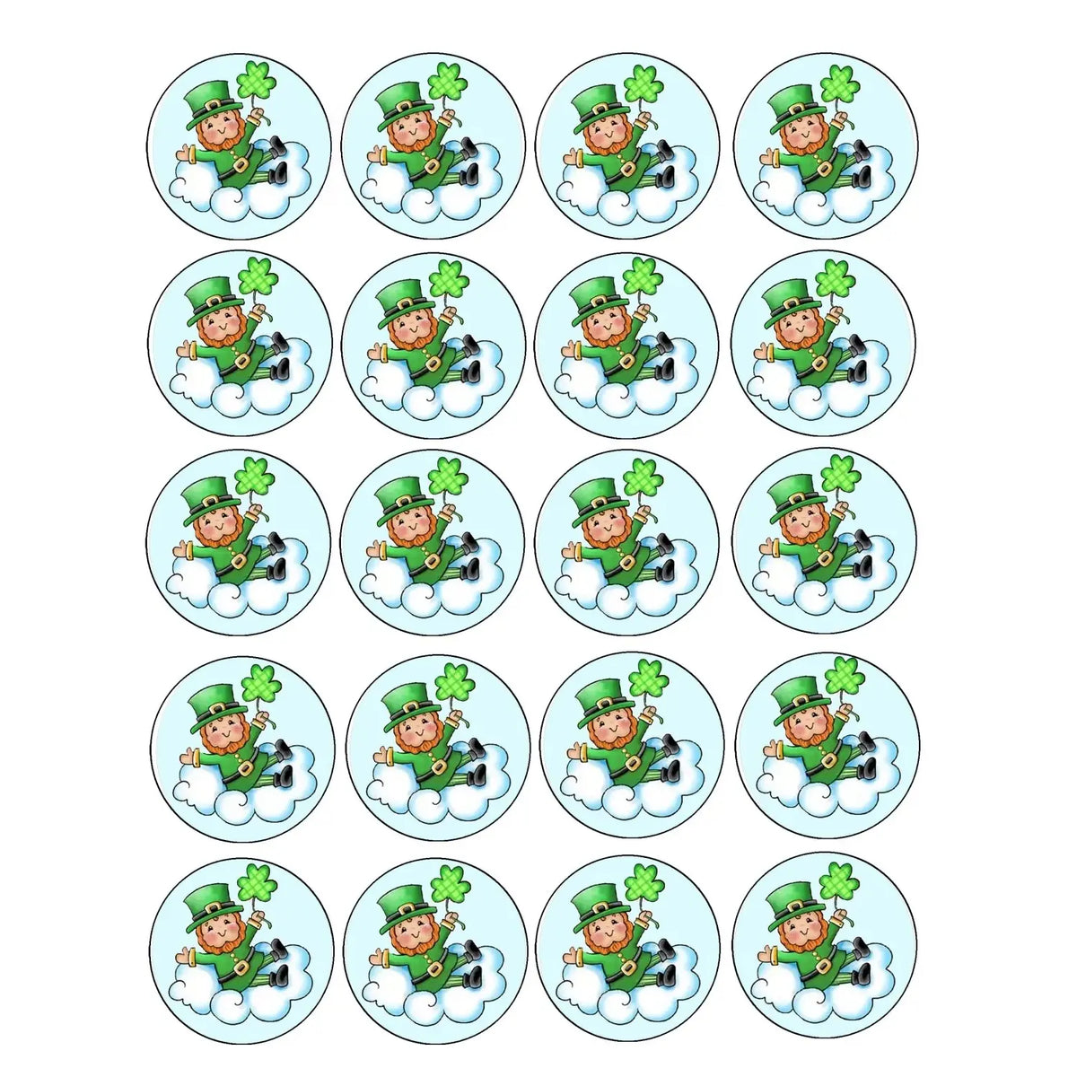 St. Patrick's Day edible icing cookie and cupcake toppers with lucky leprechaun, sheet of 20 designs.
