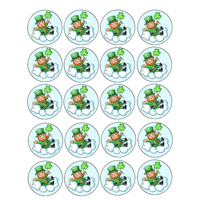 St. Patrick's Day edible icing cookie and cupcake toppers with lucky leprechaun, sheet of 20 designs.