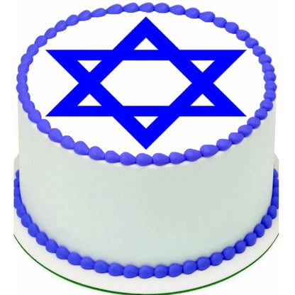 Star of David Edible Icing Cake Topper – 8-Inch Round shown on a round frosted cake.