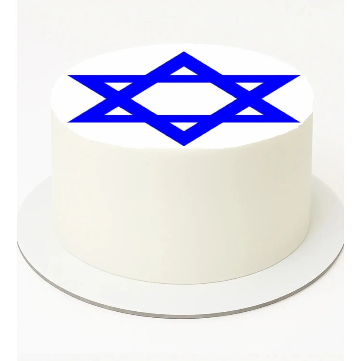 Star of David Edible Icing Cake Topper – 8-Inch Round shown on a round frosted cake.