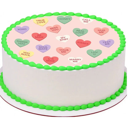 Sweet Talk Candy Hearts Valentine's Day Edible Icing Cake Topper – 8-Inch Round, on a round cake with green frosting.