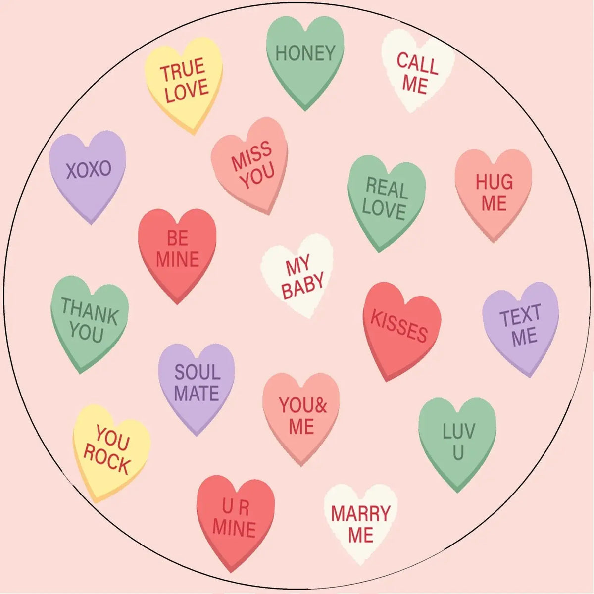 Sweet Talk Candy Hearts Valentine's Day Edible Icing Cake Topper – 8-Inch Round, round design with pastel candy hearts.