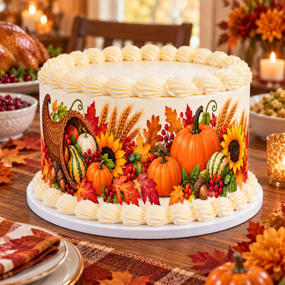 Cake wrapped in an autumn harvest edible icing image displayed on a Thanksgiving dinner table.