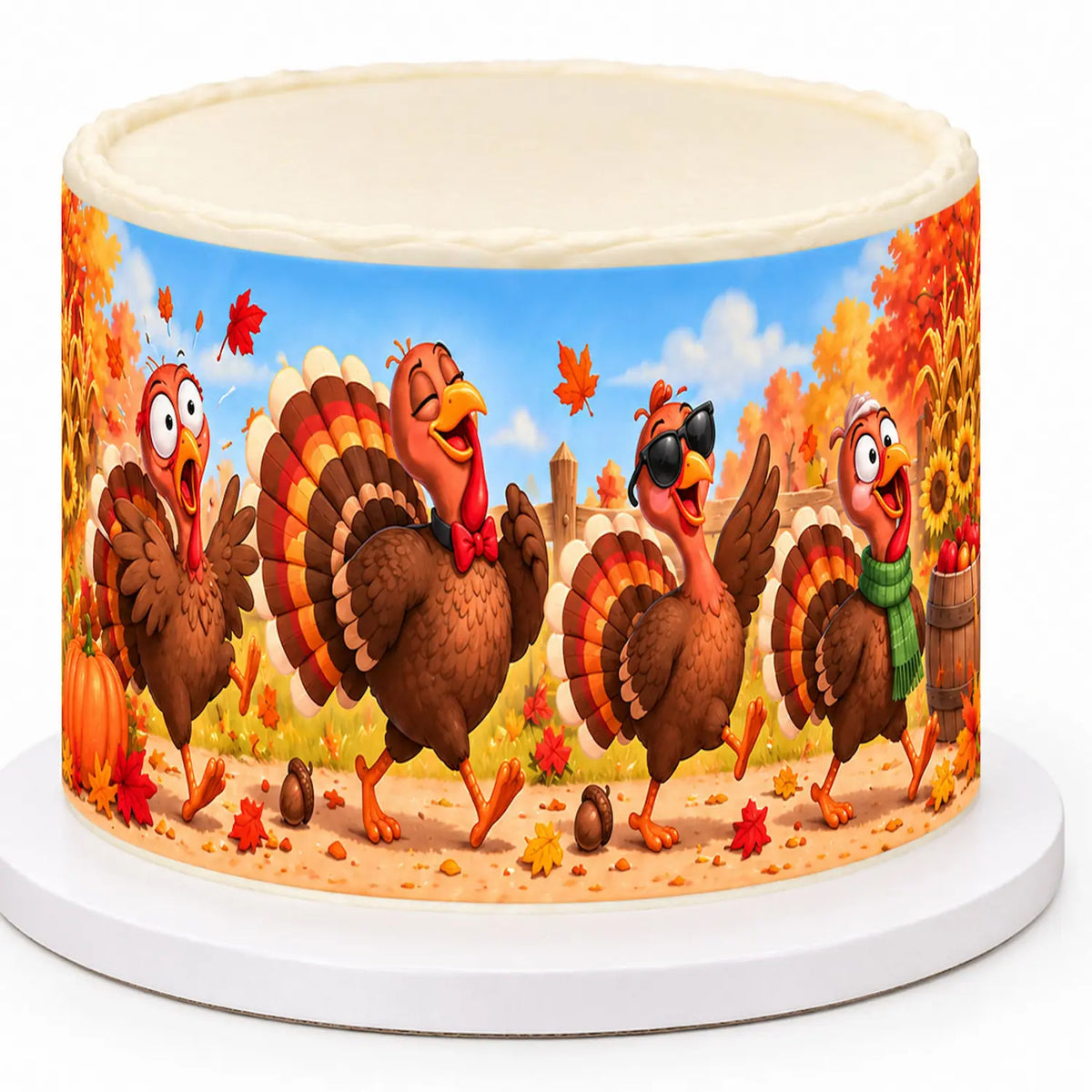 Thanksgiving turkey and autumn harvest edible icing image cake wrap applied around a decorated cake.
