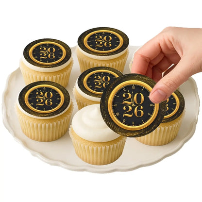 New Year's Edible Icing Cookie & Cupcake Toppers – Timeless Gold, 20 Precut on decorated cupcakes.