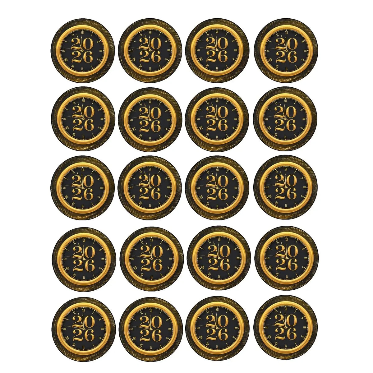 New Year's Edible Icing Cookie & Cupcake Toppers – Timeless Gold, 20 Precut 20 precut topper designs.