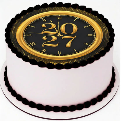 New Year's Edible Icing Cake Topper – Timeless Gold 8" Round on a round cake.