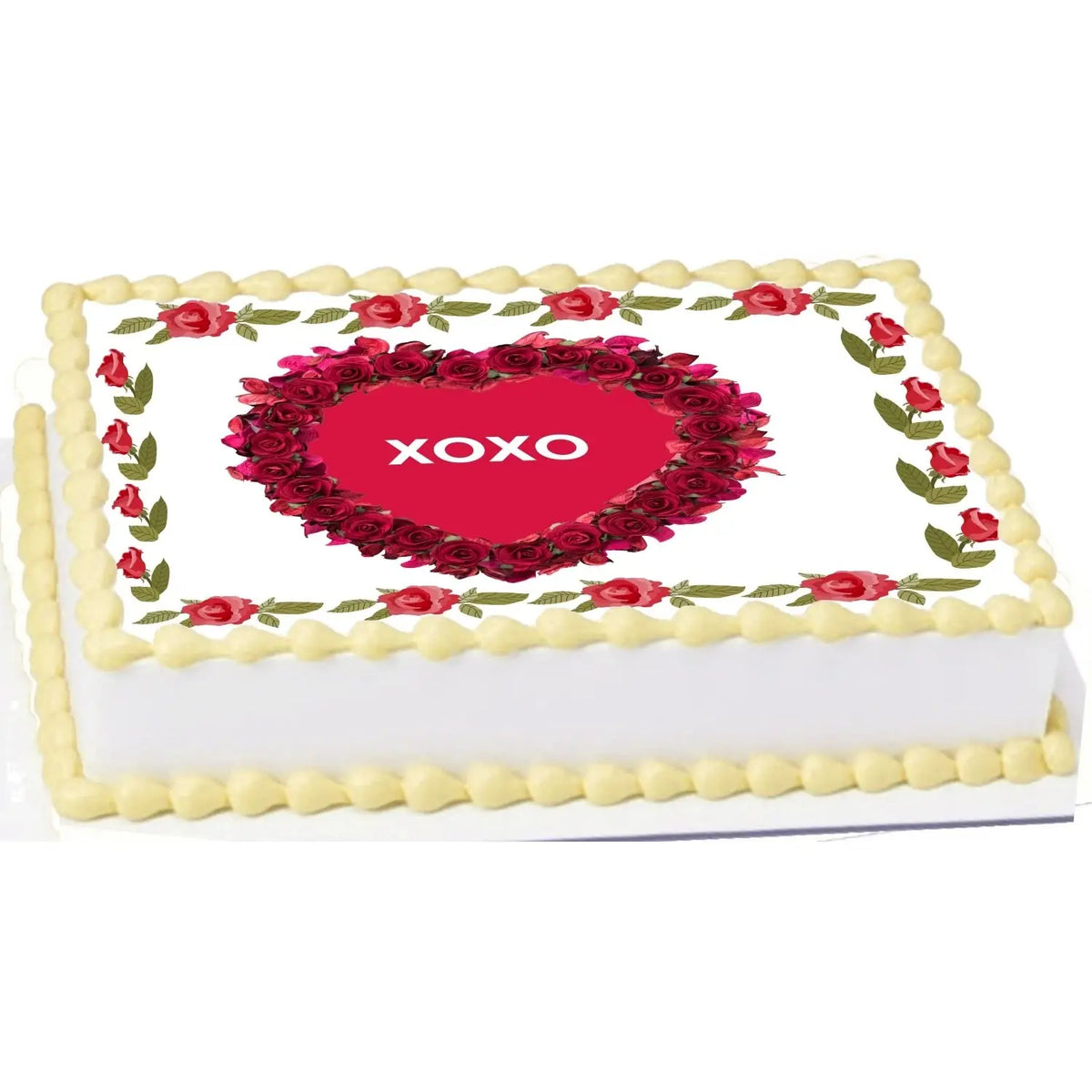 Timeless Rose Heart Valentine's Day Edible Icing Sheet Cake Topper, on a sheet cake with yellow frosting.