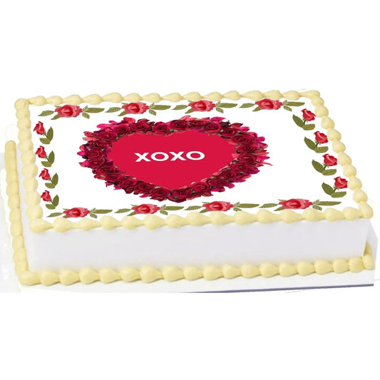 Timeless Rose Heart Valentine's Day Edible Icing Sheet Cake Topper, on a sheet cake with yellow frosting.