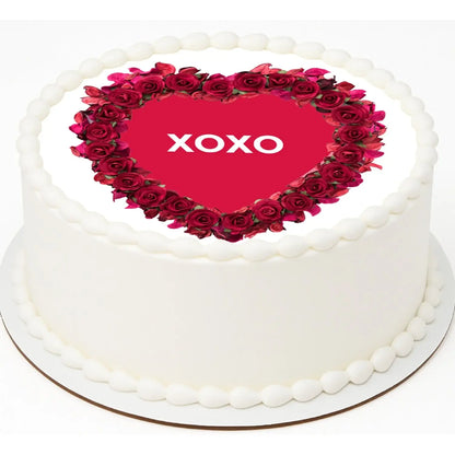 Timeless Rose Heart Valentine's Day Edible Icing Cake Topper – 8-Inch Round, on a white frosted cake.