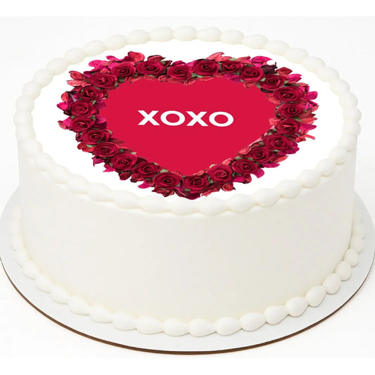 Timeless Rose Heart Valentine's Day Edible Icing Cake Topper – 8-Inch Round, on a white frosted cake.