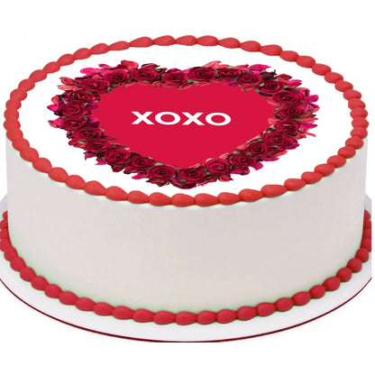 Timeless Rose Heart Valentine's Day Edible Icing Cake Topper – 8-Inch Round, on a cake with red frosting.