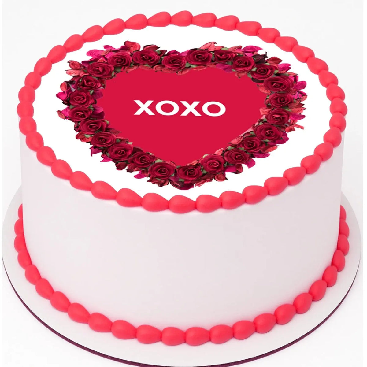 Timeless Rose Heart Valentine's Day Edible Icing Cake Topper – 8-Inch Round, on a cake with pink frosting.