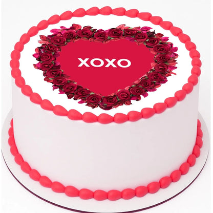 Timeless Rose Heart Valentine's Day Edible Icing Cake Topper – 8-Inch Round, on a cake with pink frosting.