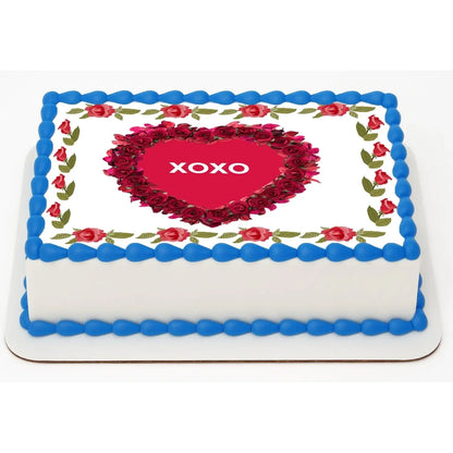 Timeless Rose Heart Valentine's Day Edible Icing Sheet Cake Topper, on a sheet cake with blue frosting.