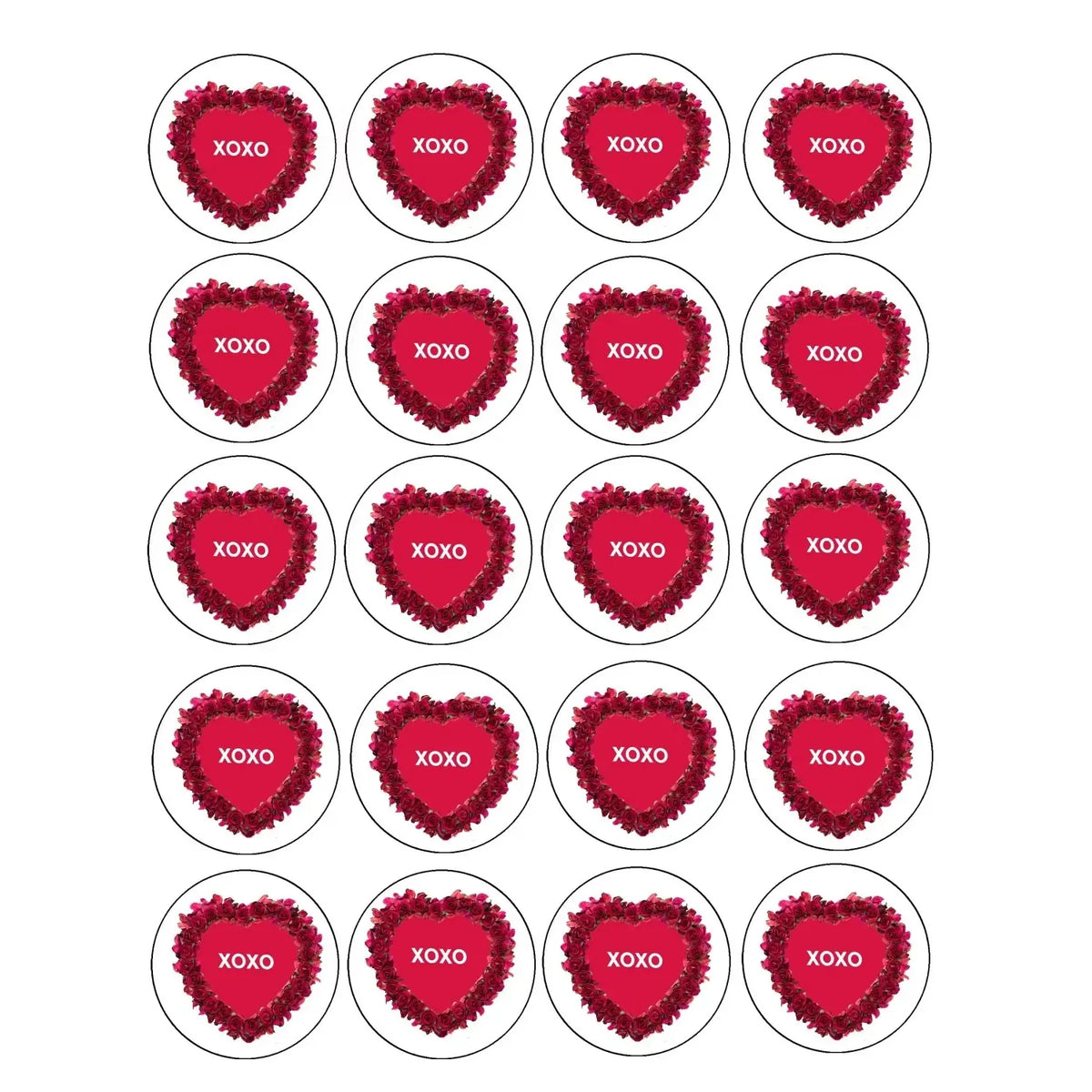 Timeless Rose Hearts Valentine's Day Edible Cookie & Cupcake Toppers – 20 Precut, sheet of 20 round XOXO rose heart designs.