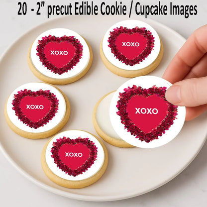 Timeless Rose Hearts Valentine's Day Edible Cookie & Cupcake Toppers – 20 Precut, precut toppers shown on cookies.