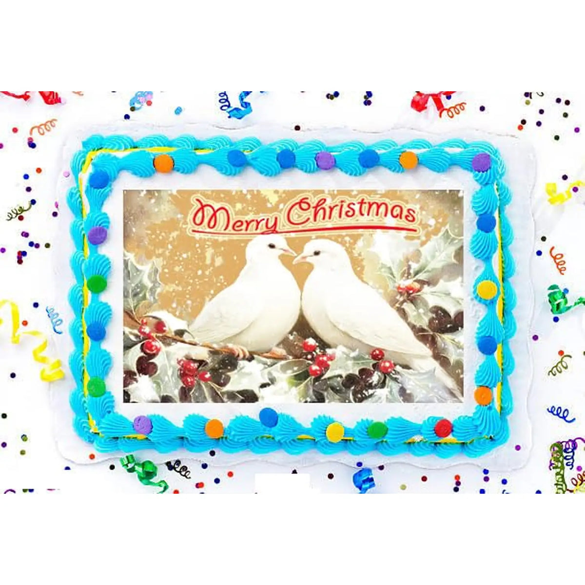 Turtle Doves Christmas edible icing sheet cake topper shown on a frosted sheet cake.