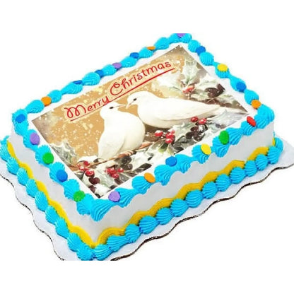 Turtle Doves Christmas edible icing sheet cake topper shown on a frosted sheet cake.