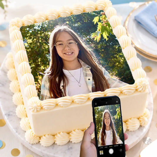 Upload your photo from a phone for a personalized square edible cake topper