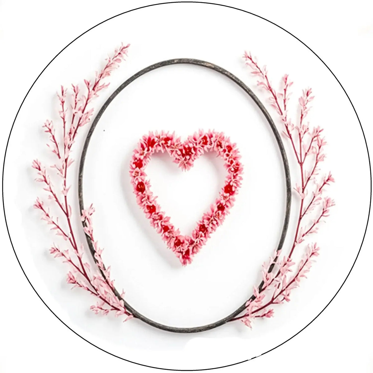 Pink Whisper Heart Valentine's Day Edible Icing Cake Topper – 8-Inch Round, round design with a heart and pink branches.