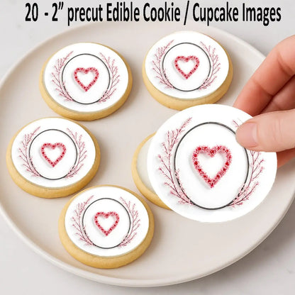 Pink Whisper Heart Valentine's Day Edible Cookie & Cupcake Toppers – 20 Precut, precut toppers shown on cookies.