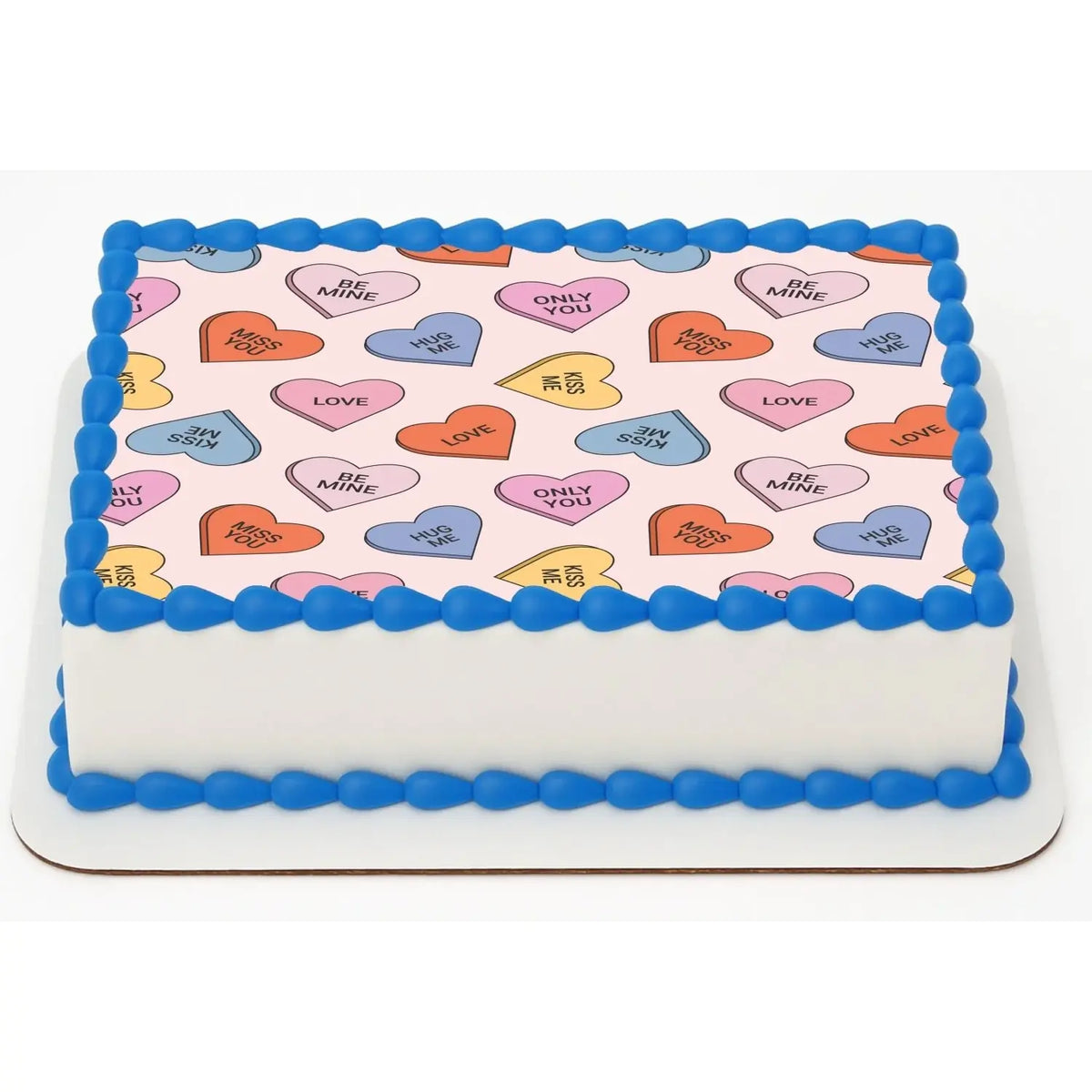 Sweet Talk Candy Hearts Valentine's Day Edible Icing Sheet Cake Topper, on a sheet cake with blue frosting.