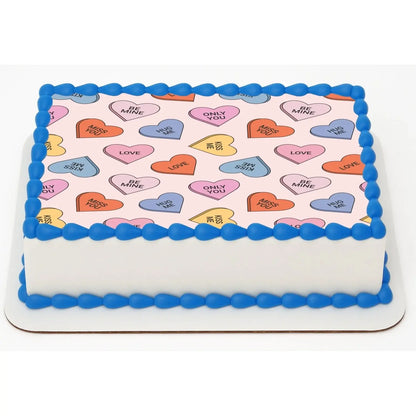 Sweet Talk Candy Hearts Valentine's Day Edible Icing Sheet Cake Topper, on a sheet cake with blue frosting.