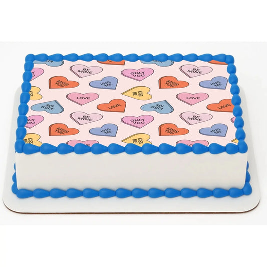 Sweet Talk Candy Hearts Valentine's Day Edible Icing Sheet Cake Topper, on a sheet cake with blue frosting.