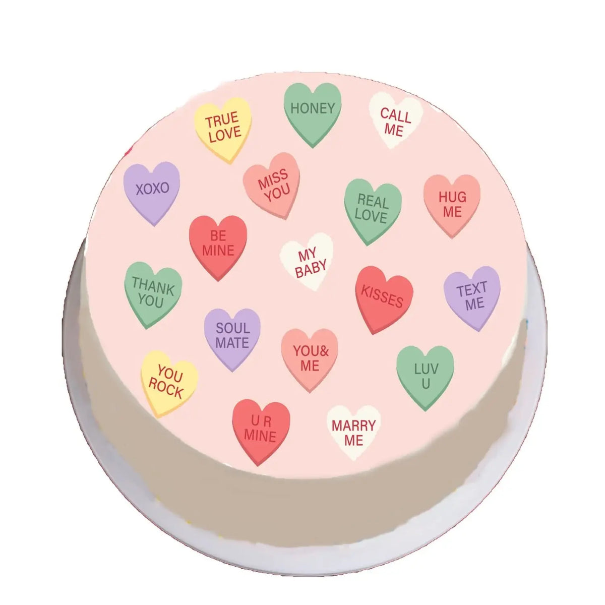Sweet Talk Candy Hearts Valentine's Day Edible Icing Cake Topper – 8-Inch Round, round candy heart design on a cake.