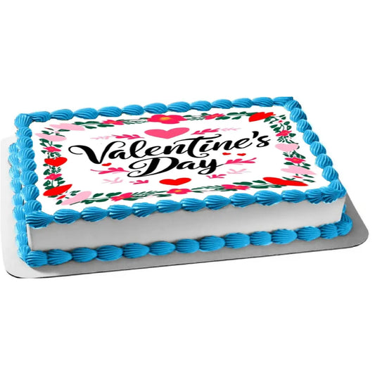 Valentine Wreath Valentine's Day Edible Icing Sheet Cake Topper, on a sheet cake with blue frosting.