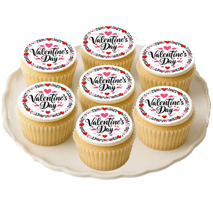 Valentine Wreath Valentine's Day Edible Cookie & Cupcake Toppers – 20 Precut, on cupcakes.