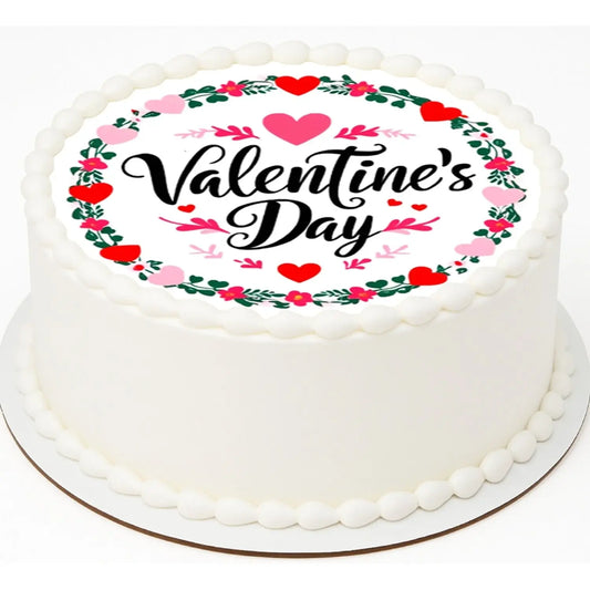 Valentine Wreath Valentine's Day Edible Icing Cake Topper – 8-Inch Round, on a white frosted cake.