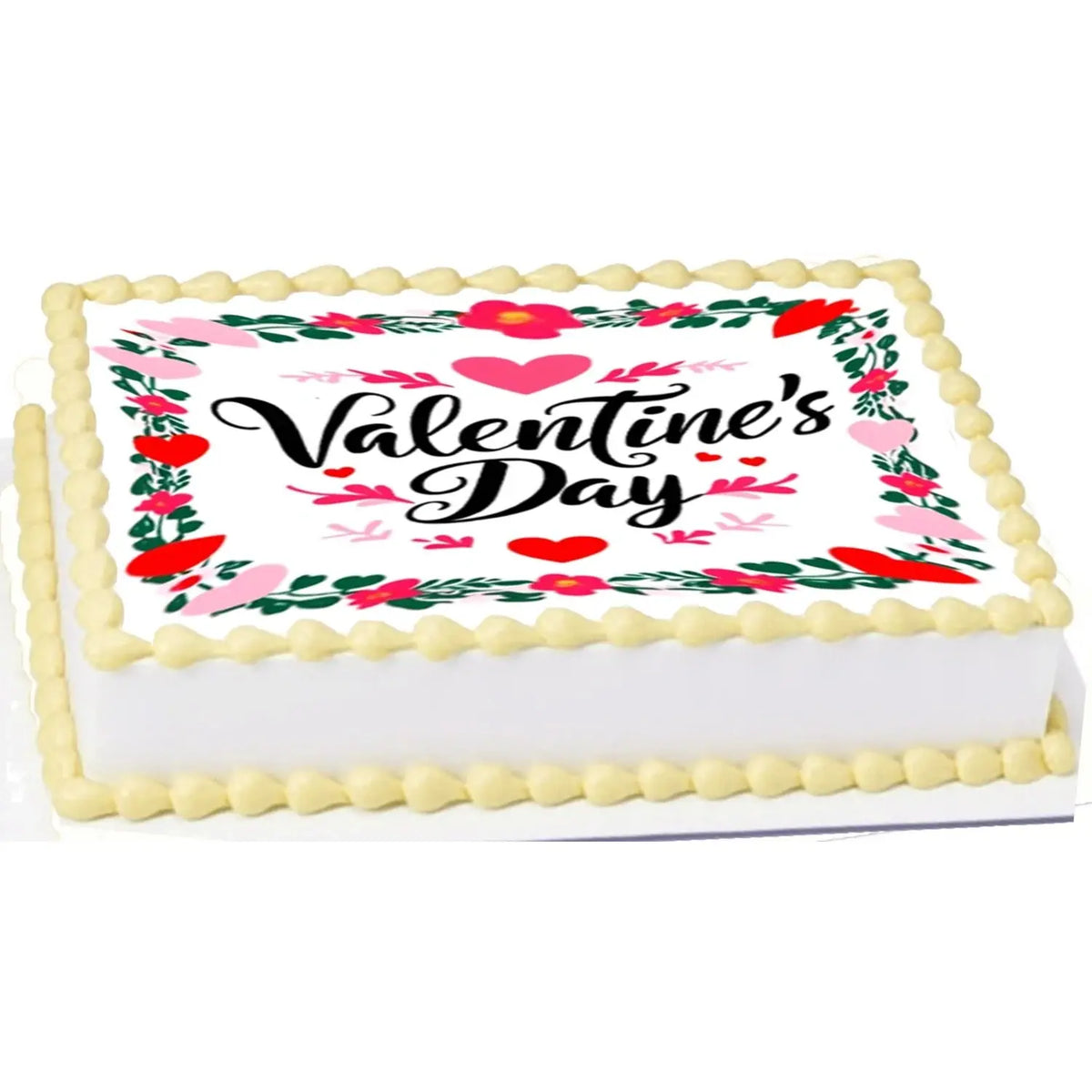 Valentine Wreath Valentine's Day Edible Icing Sheet Cake Topper, on a sheet cake with yellow frosting.