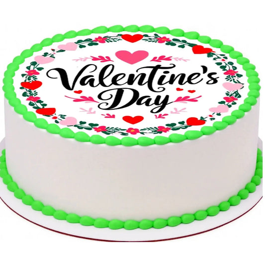 Valentine Wreath Valentine's Day Edible Icing Cake Topper – 8-Inch Round, on a cake with green frosting.