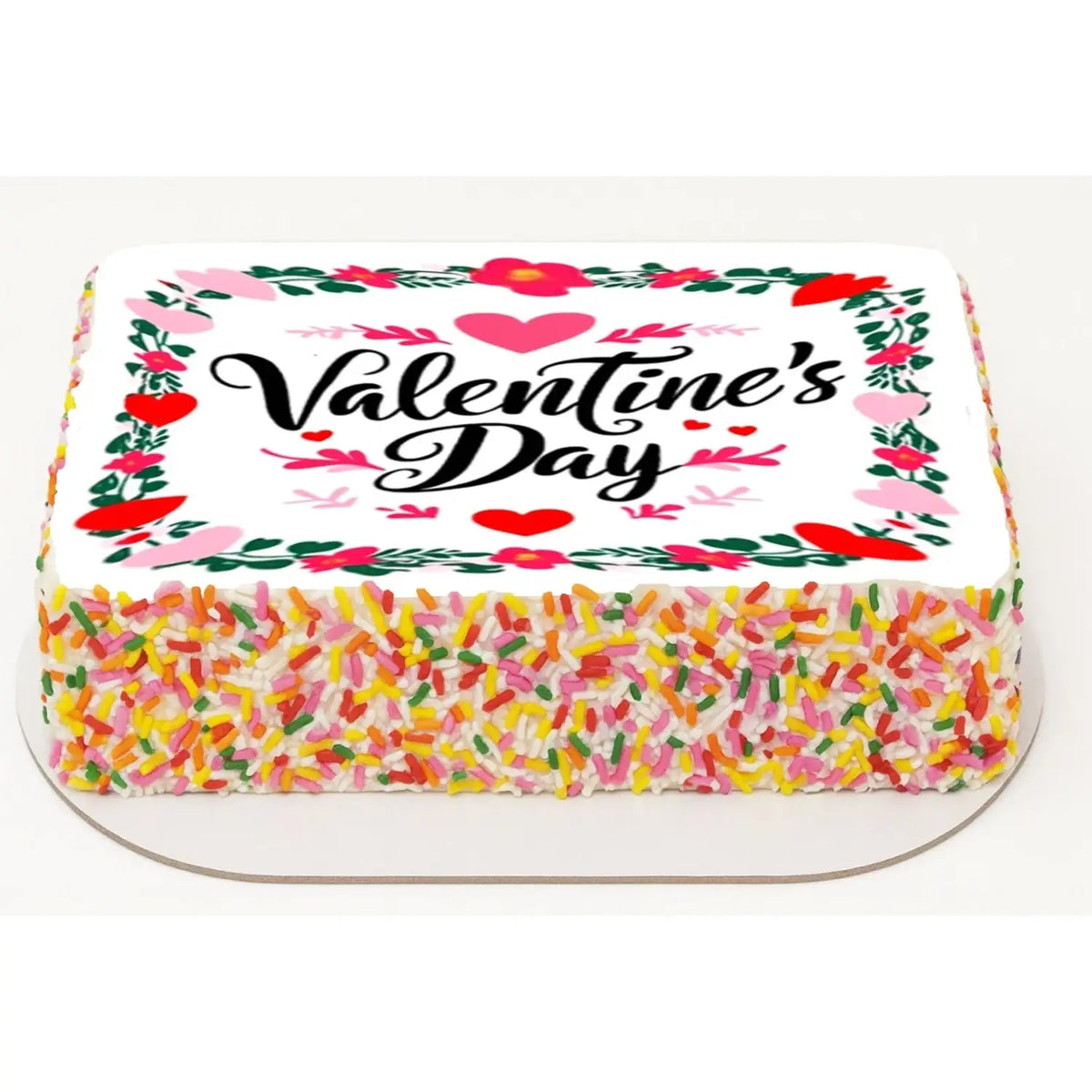 Valentine Wreath Valentine's Day Edible Icing Sheet Cake Topper, on a sprinkle-covered sheet cake.