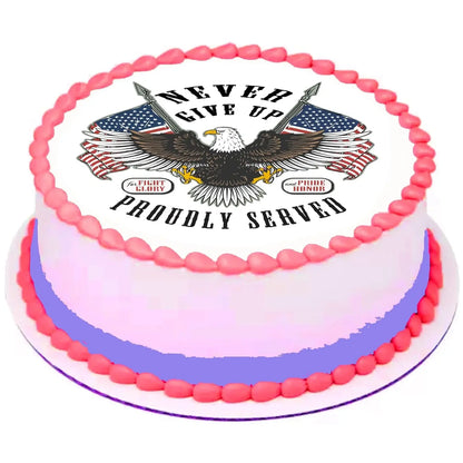 Veterans Proudly Served Eagle Flag Edible Icing Cake Topper – 8-Inch Round on a round cake.