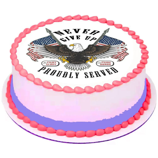 Veterans Proudly Served Eagle Flag Edible Icing Cake Topper – 8-Inch Round on a round cake.