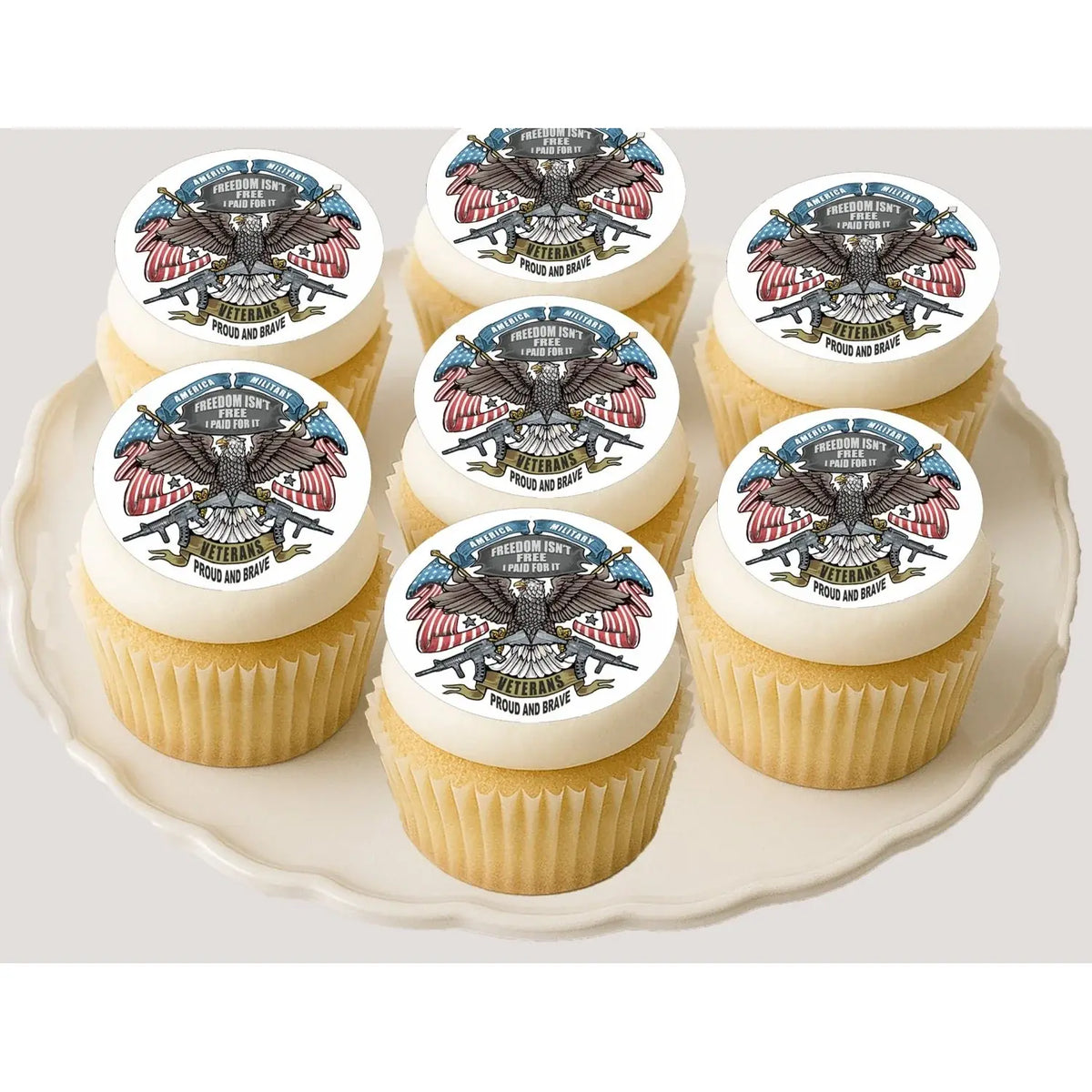 Veterans Proud and Brave Eagle Flag Edible Cookie & Cupcake Toppers – 20 Precut on cupcakes.