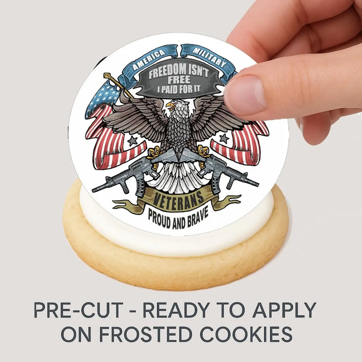 Veterans Proud and Brave Eagle Flag Edible Cookie & Cupcake Toppers – 20 Precut being placed on a frosted cookie.