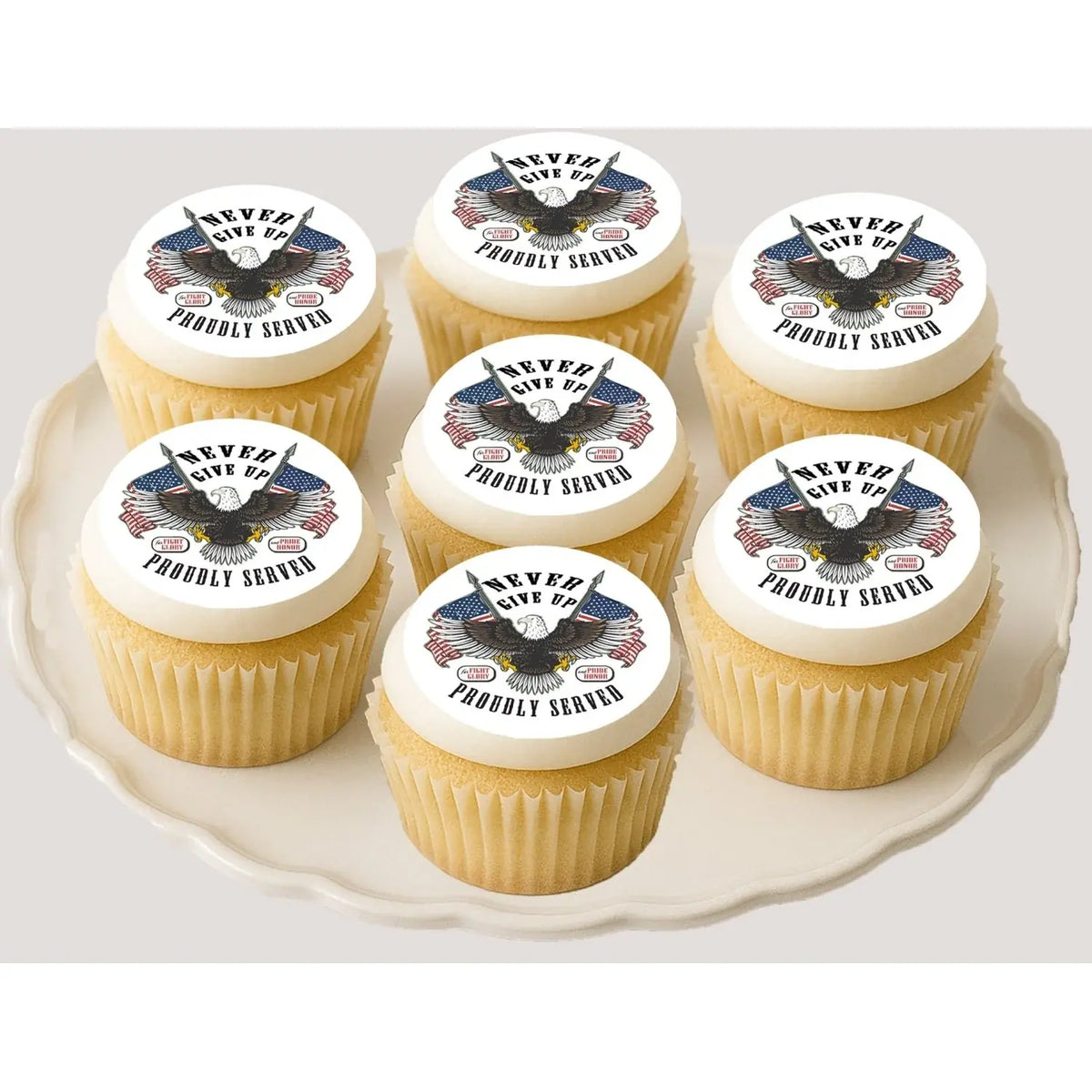 Veterans Proudly Served Eagle Flag Edible Cookie & Cupcake Toppers – 20 Precut on cupcakes.