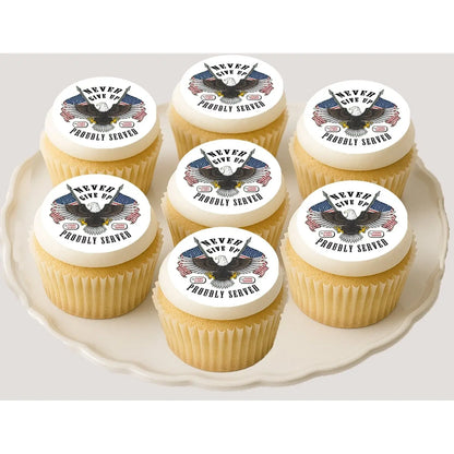 Veterans Proudly Served Eagle Flag Edible Cookie & Cupcake Toppers – 20 Precut on cupcakes.