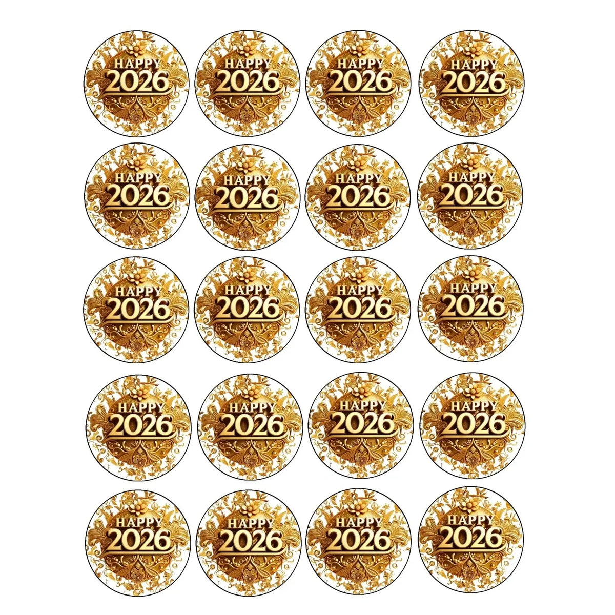 New Year's Edible Icing Cookie & Cupcake Toppers – Vintage Gold, 20 Precut 20 precut topper designs.