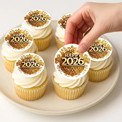 New Year's Edible Icing Cookie & Cupcake Toppers – Vintage Gold, 20 Precut on decorated cupcakes.